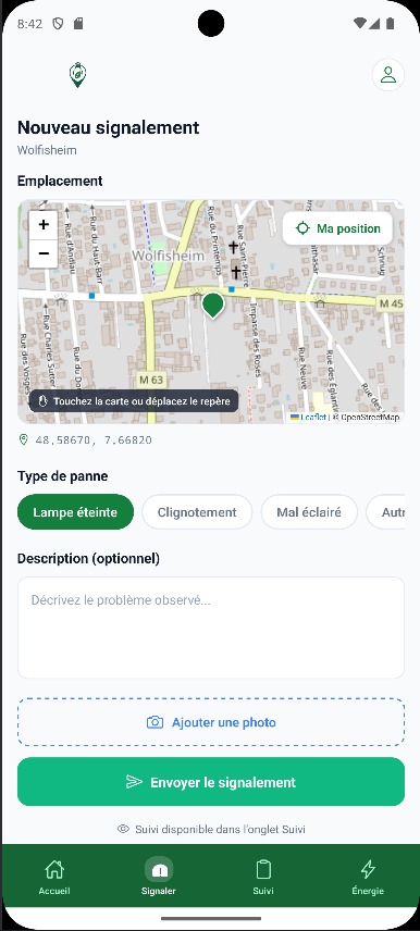 Application citoyenne Eco-Signal : écran de nouveau signalement avec carte, type de panne et ajout de photo